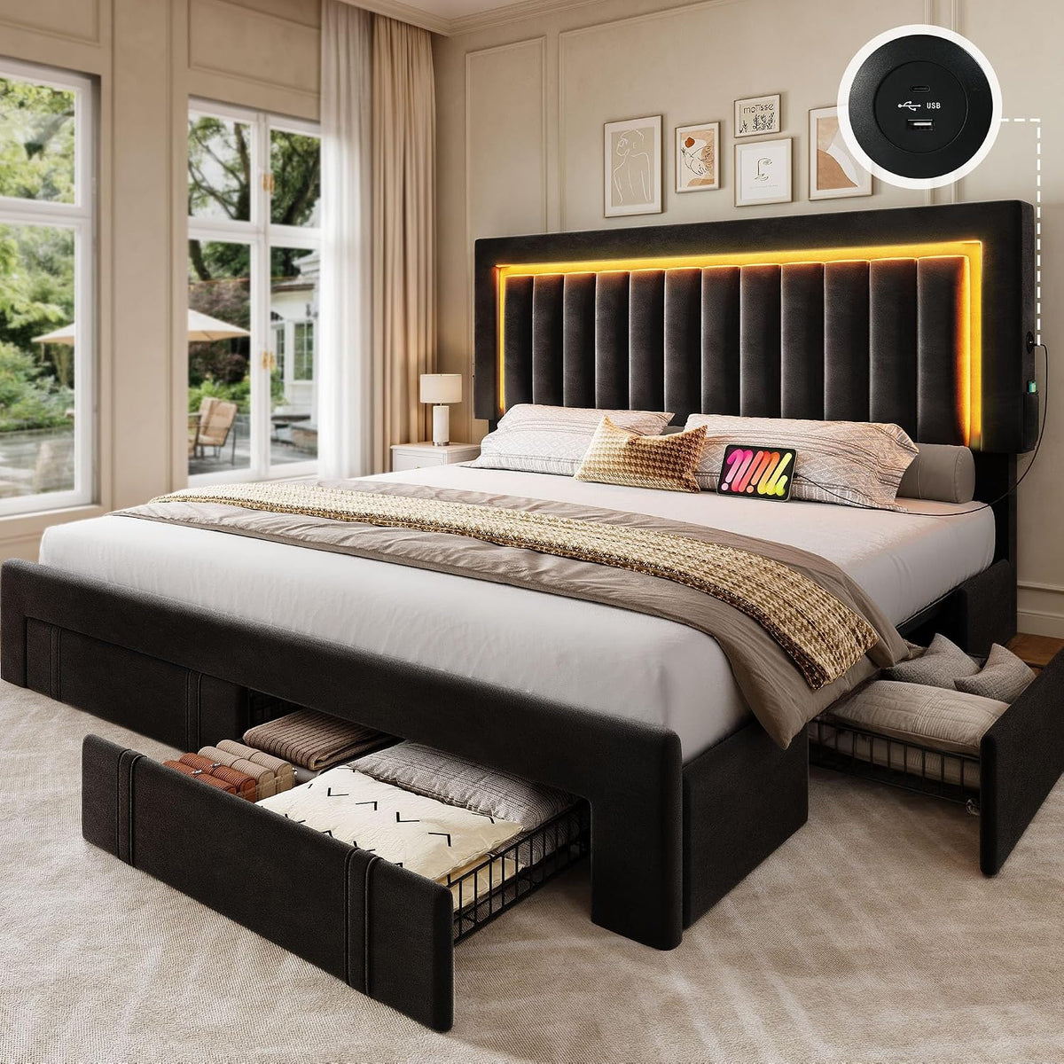 YITAHOME Queen Size Bed Frame with Adjustable Headboard, 4 Storage Drawers and RGB LED Lights, Velvet Upholstered Platform Bed with USB Ports, No Box Spring Needed, Fast Assembly, Noise-Free, Black