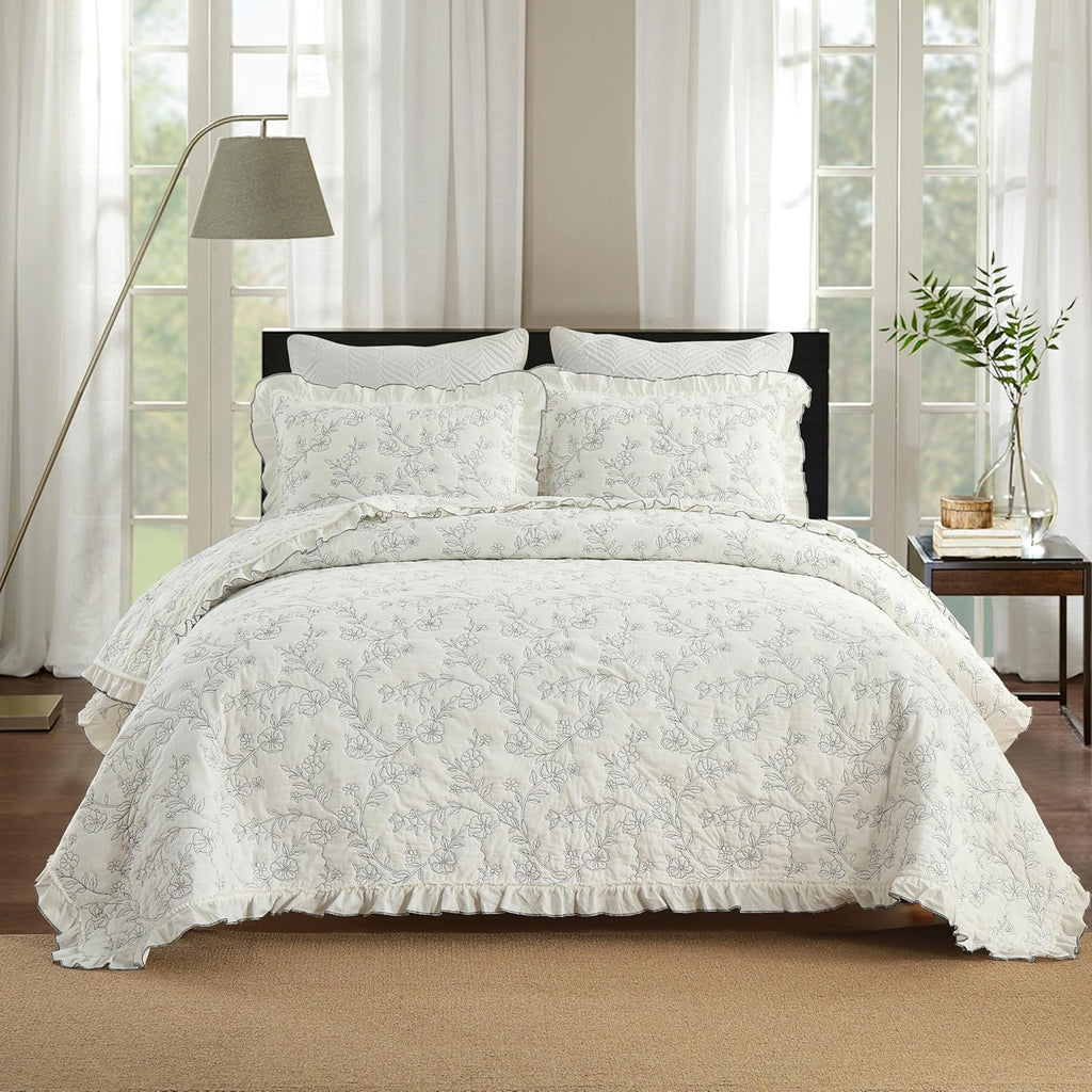 MarCielo 3-Piece 100% Cotton Bedspread Lightweight Quilt Coverlet Embroidery Farmhouse Bedding Set (Floral,Queen (98' X 90'))
