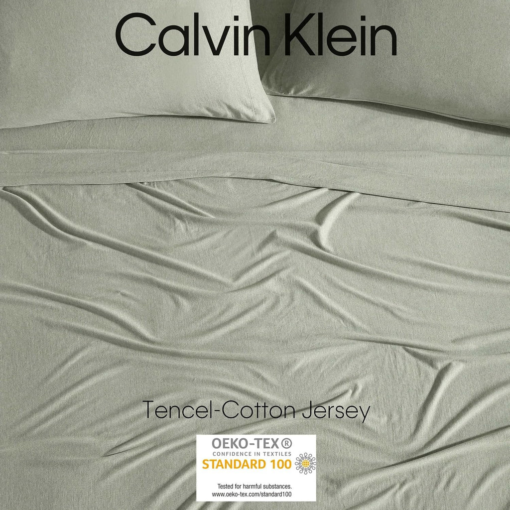 Calvin Klein - Queen Size Sheets Set, Naturally Soft Cotton-Blend Melange Jersey Bedding - Bed Sheets with Matching Pillowcases & Fitted Sheet (Modern Cotton Green)