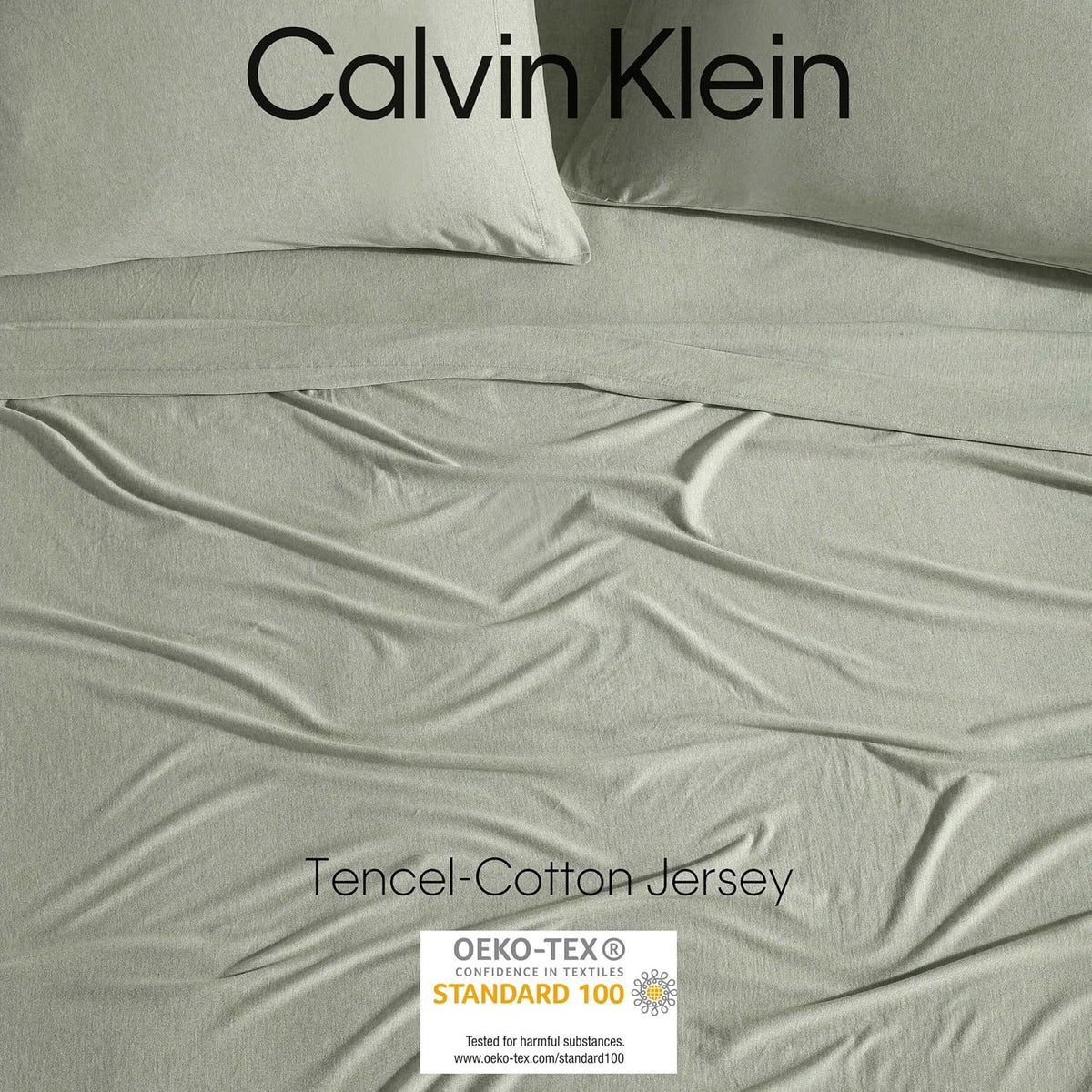 Calvin Klein - Queen Size Sheets Set, Naturally Soft Cotton-Blend Melange Jersey Bedding - Bed Sheets with Matching Pillowcases & Fitted Sheet (Modern Cotton Green)
