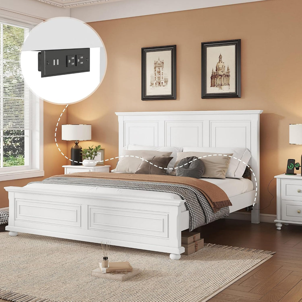 King Size Solid Wood Platform Bed Frame,Wood Bed with USB Charging Station, Solid Wood Leg/No Box Spring Needed/Noise Free/White