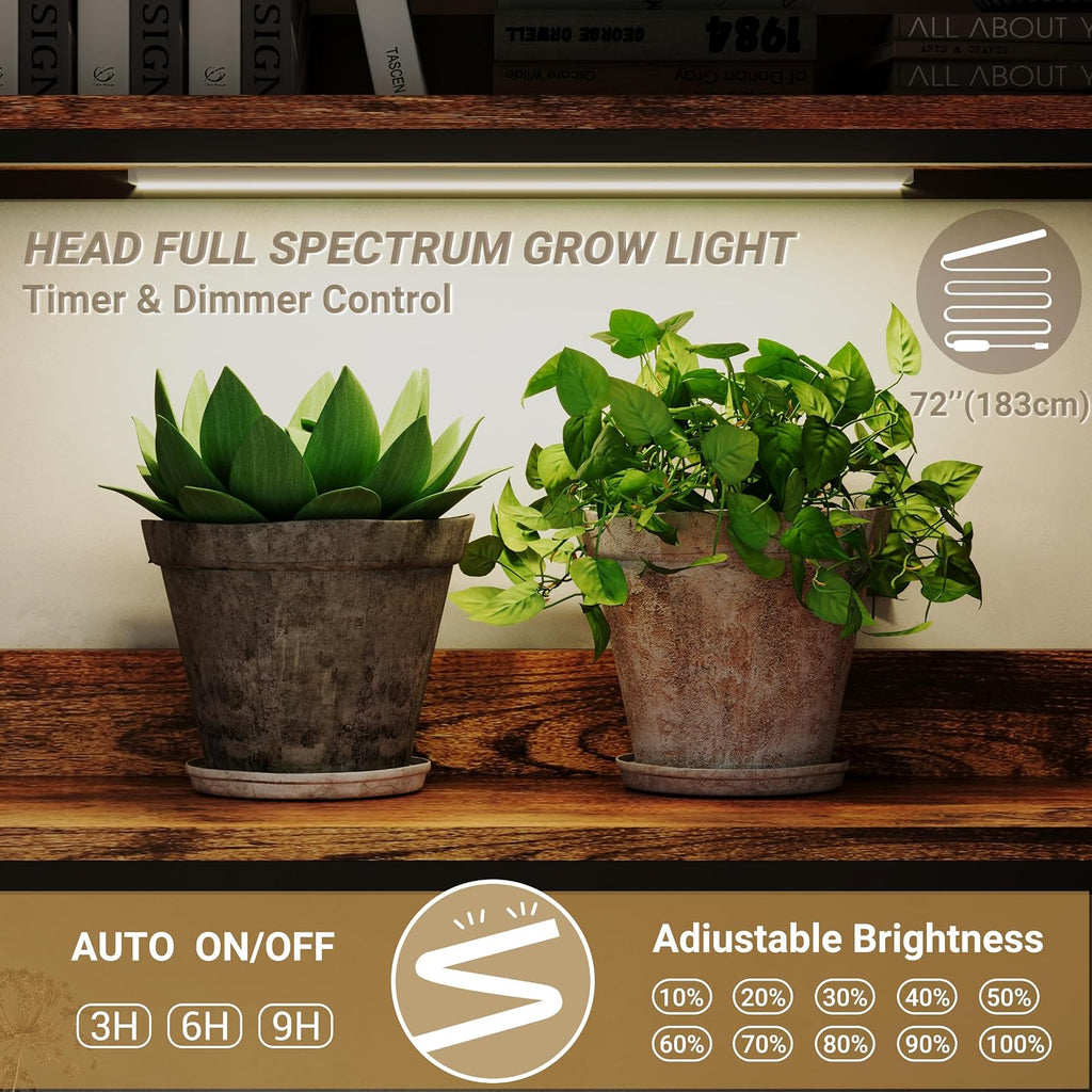 Corner Bookshelf with Light, Indoor Plant Bookcase with Grow Light L Shaped 5 Tier Tall Corner Shelf LED Display Shelves, Vintage Industrial Rotating Bookshelves Metal and Wood Book Shelf