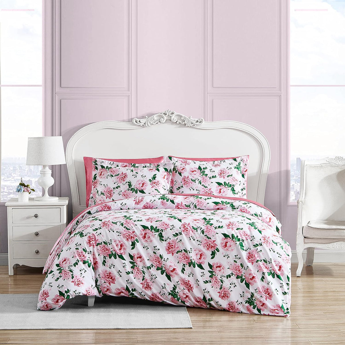 Betsey Johnson - Queen Duvet Cover Set, Reversible Bedding with Matching Shams, Chic Bedding Set (Blooming Roses Pink, Queen)