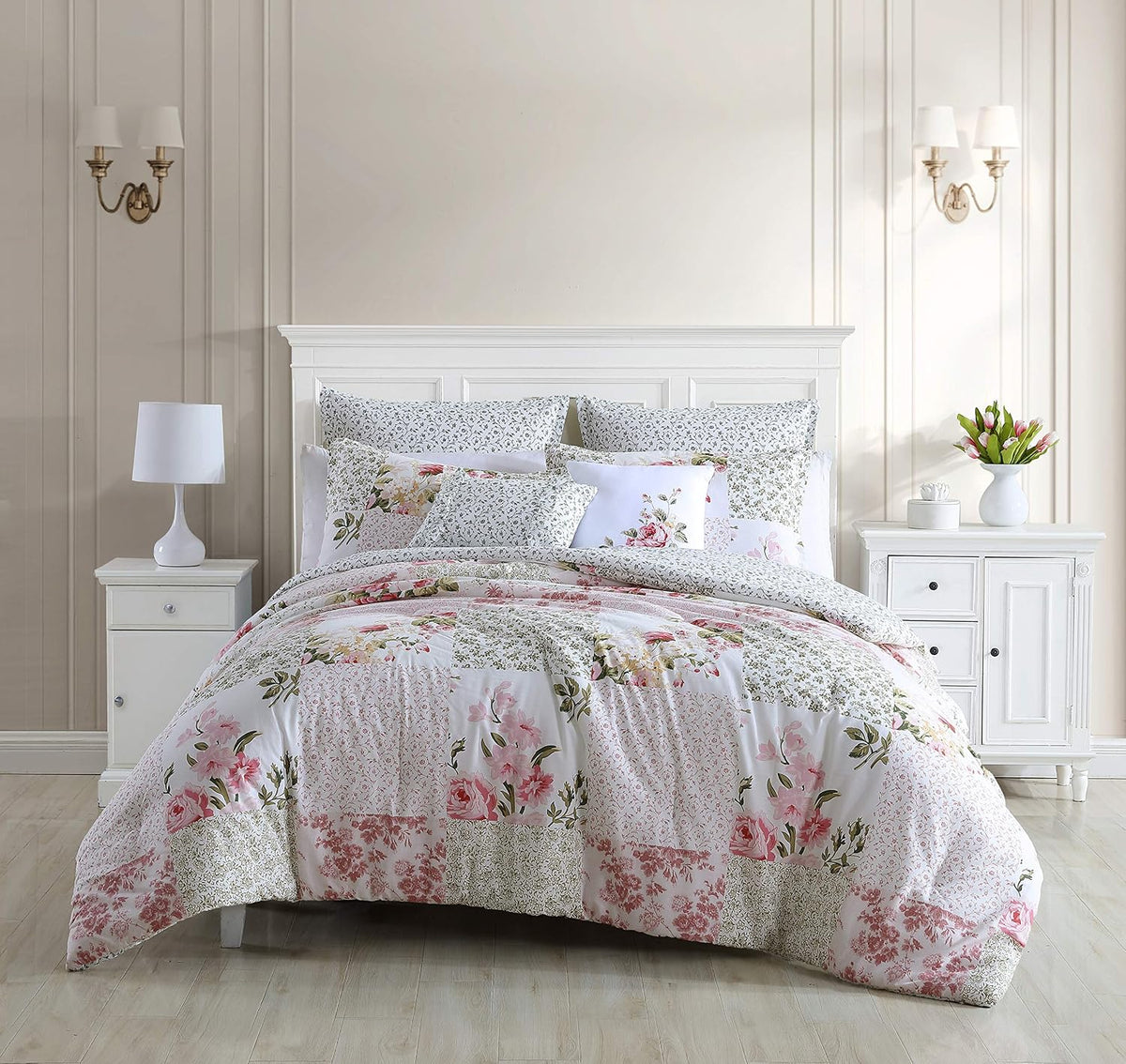 Laura Ashley - Queen Comforter Set, Reversible Cotton Bedding, Includes Matching Shams with Bonus Euro Shams & Throw Pillows (Ailyn Pink, Queen)