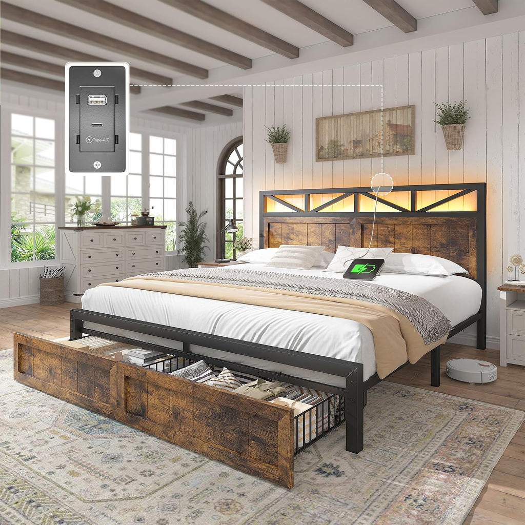 EnHomee Queen Bed Frame with Headboard, 2 Large Drawers Platform Bed with LED Lights and Built-in Charging Station, No Box Spring Needed, Noise-Free Metal Bed for Bedroom,Rustic Brown