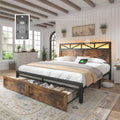 EnHomee Queen Bed Frame with Headboard, 2 Large Drawers Platform Bed with LED Lights and Built-in Charging Station, No Box Spring Needed, Noise-Free Metal Bed for Bedroom,Rustic Brown