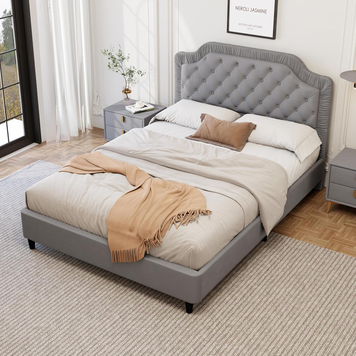 2-Pieces Bedroom Sets, Queen Size Tufted Velvet Upholstered Platform Bed with Storage Ottoman Bench for Kids Teens Adult Bedroom, Wood Slat Support, No Box Spring Needed (Gray-20c)
