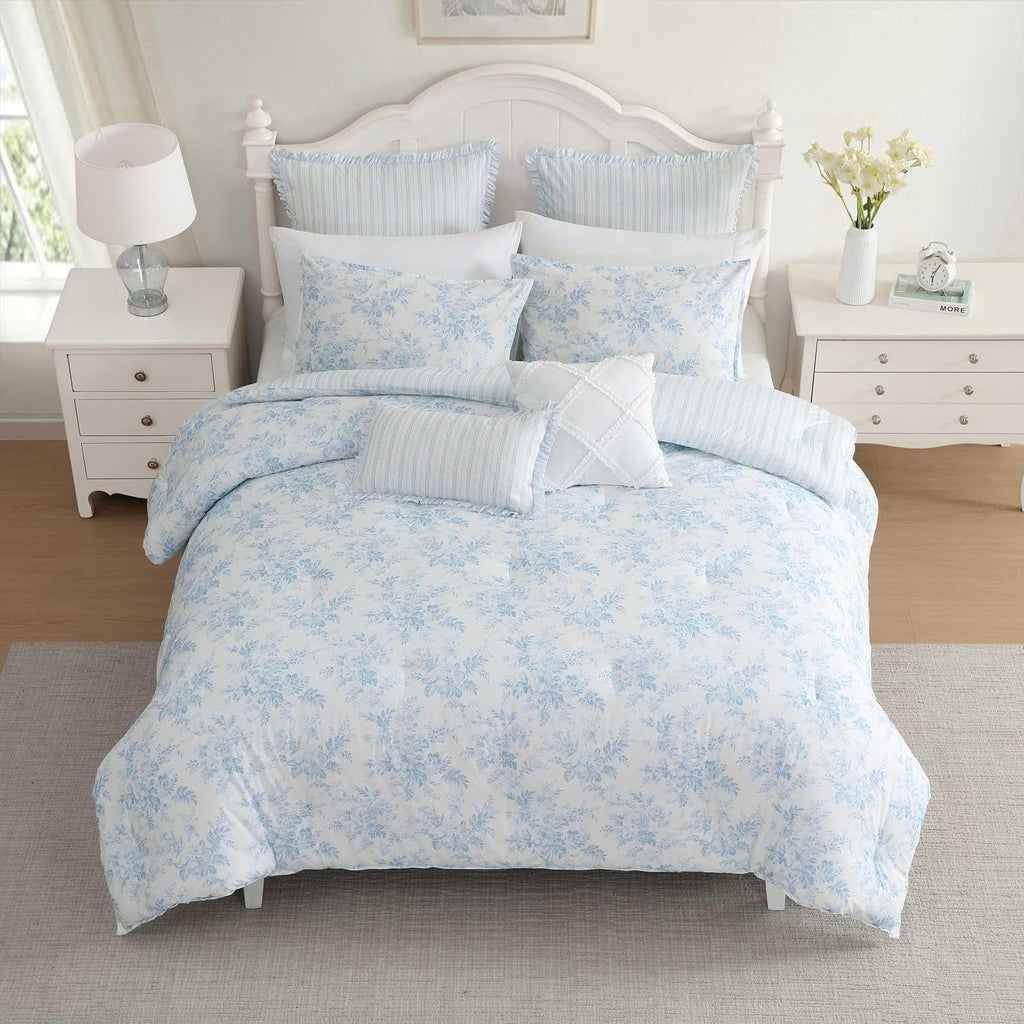 Laura Ashley - Twin Bonus Comforter Set, Soft Reversible Bedding Set, 5 Piece Bed Set with Matching Pillowcases, Euro Shams, & Throw Pillow Covers (Annalise Floral/Dilly Dally Stripe Blue)