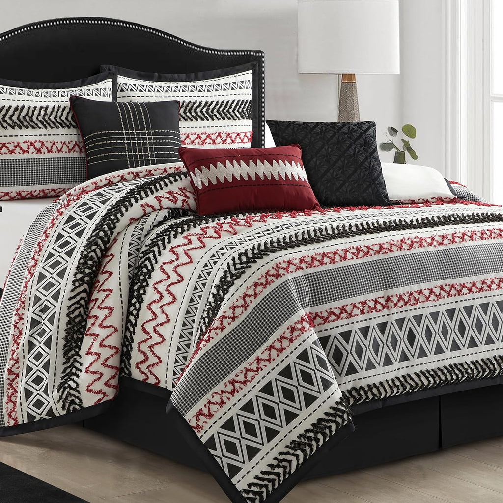 LANCO MODERN LIFESTYLE Queen Comforter Set 7 Piece, Black Red, Waffle Clipping and Sateen Jacquard Weave, Soft and Lightweight Bedding Set for All Seasons, Bedskirt, Shams and Decor Pillows