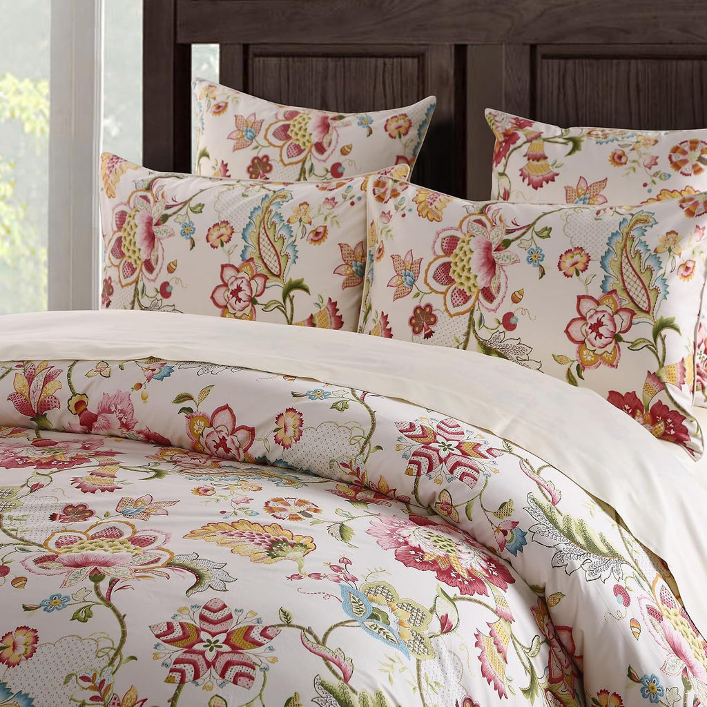 Helthep Vintage King Size 3Pcs Duvet Cover Set Luxury Damask Floral Tropical Exquisite Artistic Girls Bedding Set 1 Duvet Cover + 2 Pillowcases/Shams Farmhouse Boho Flower 100% Egyptian Cotton Red
