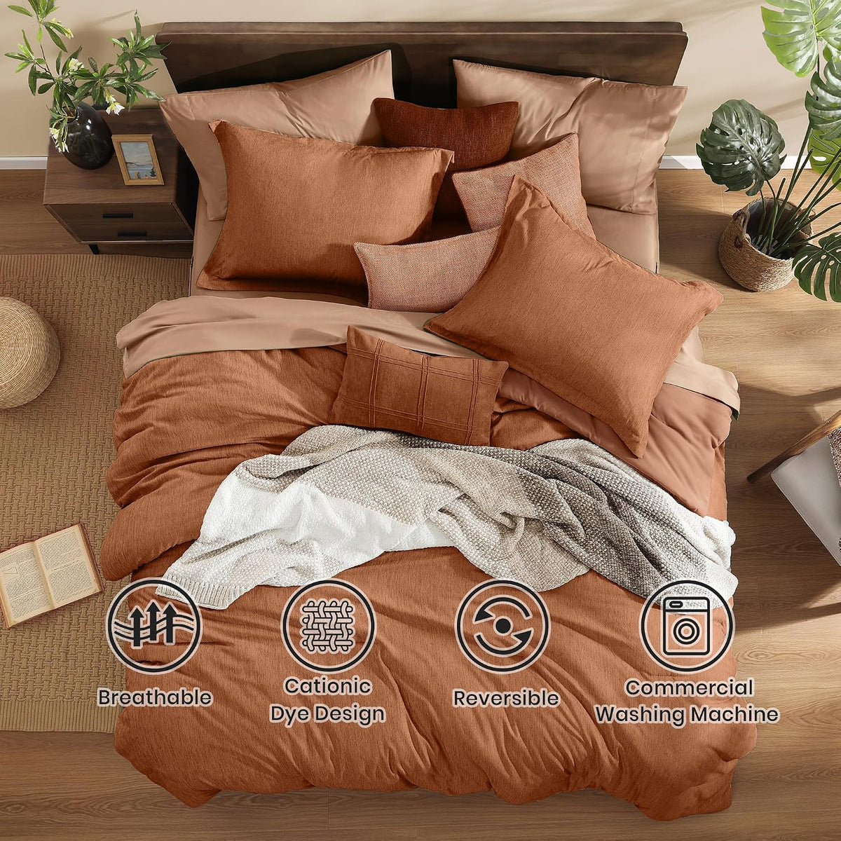 Monbix Super King Comforter Set, Autumn Leaf Cationic Dyeing Bedding Set Reversible, Bed in a Bag 7 Pieces with Comforter, Sheets, Pillowcases & Shams