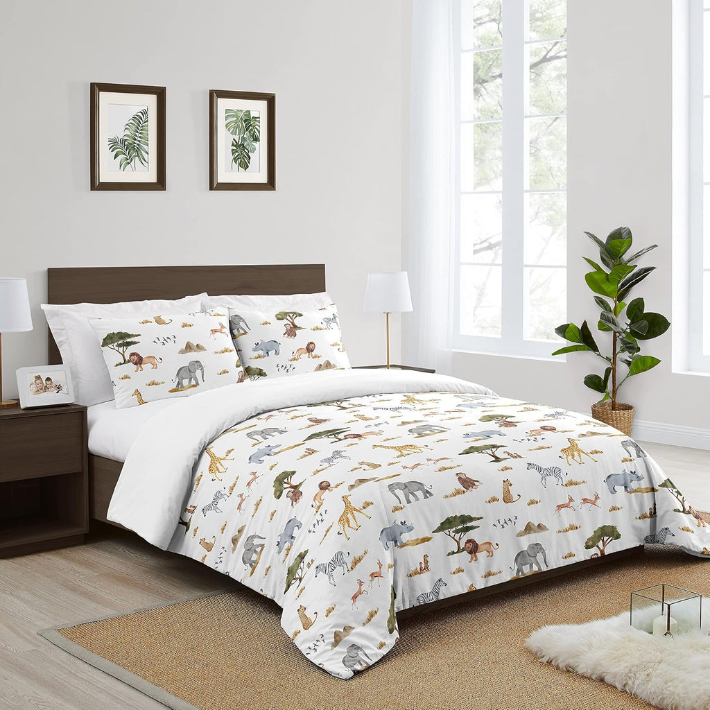 Sweet Jojo Designs Jungle Animals Boy Girl 3pc Full/Queen Bedding Comforter Set Hunter Green Yellow Grey Rust Orange Black White Wildlife Safari Animal Elephant Giraffe Lion Monkey Leopard Cheetah