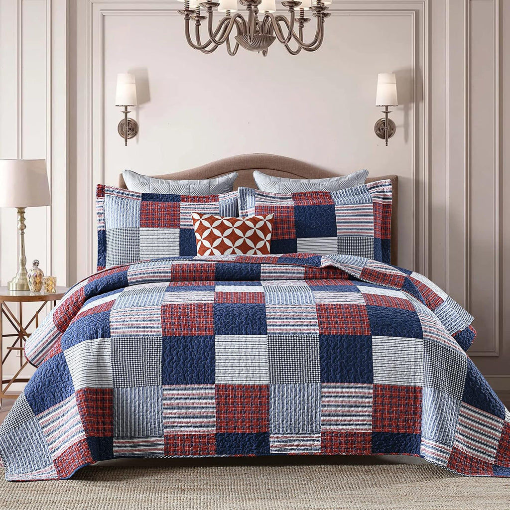 Finlonte Quilt King Size - 100% Cotton King Size Comforter Set Blue Red White Plaid Farmhouse Quilt Bedding Set, Reversible Lightweight Soft Bedspread, Quilted Coverlet All-Season, 3-Piece
