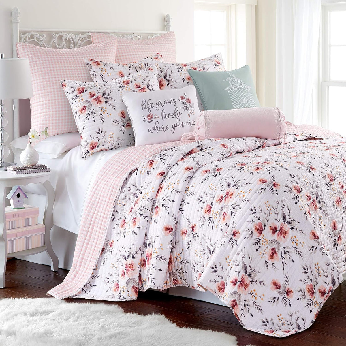 Levtex Home - Adeline Quilt Set - King Quilt and Two King Shams - Floral - Blush Pink and Grey - Quilt (102x86in.) and Shams (20x36in.) - Reversible - Polyester