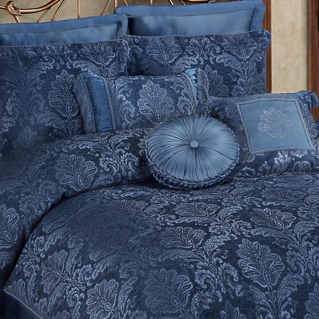 Camelot Luxury Bedding | Calming Navy Blue | Matte Satin Damask on Richly Textured Jacquard-Woven Chenille | 7 Piece Set Includes Queen Comforter, Bedskirt, 2 Standard Shams, and 3 Decorative Pillows