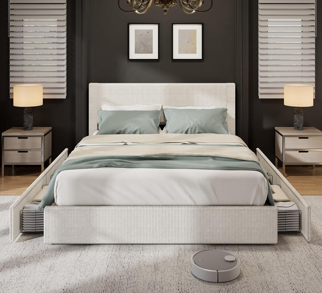 Garvee Corduroy Full Bed Frame with Headboard, Platform Upholstered Bed Frame with 4 Storage Drawers and Wooden Slats Support, No Box Spring Needed, Beige
