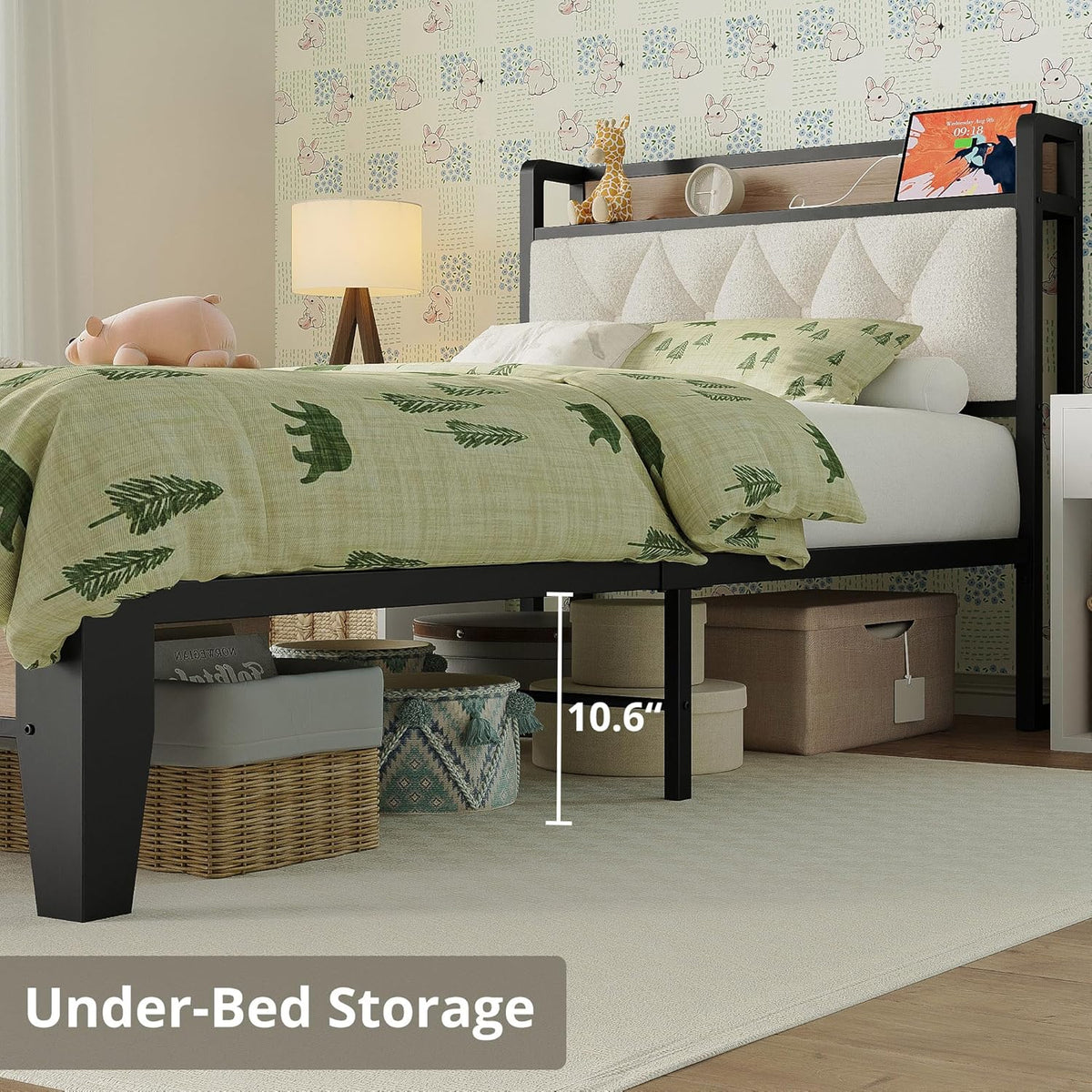 ANCTOR Twin XL Bed Frame, Storage Headboard with Charging Station, Platform Bed Frame with Strong Metal Support, Sturdy and Stable, Noise Free, No Box Spring Needed, Easy Assembly, Wood and Cream