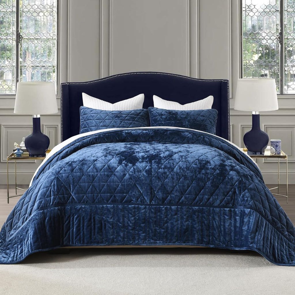Homzard Velvet California King Size Quilt, Oversized California Comforter Set Navy Blue Bedding Set (118'*106') with 2 Pillow Shams, Patchwork Bedspread Set, Lightweight Bedding Coverlet 3 Piece