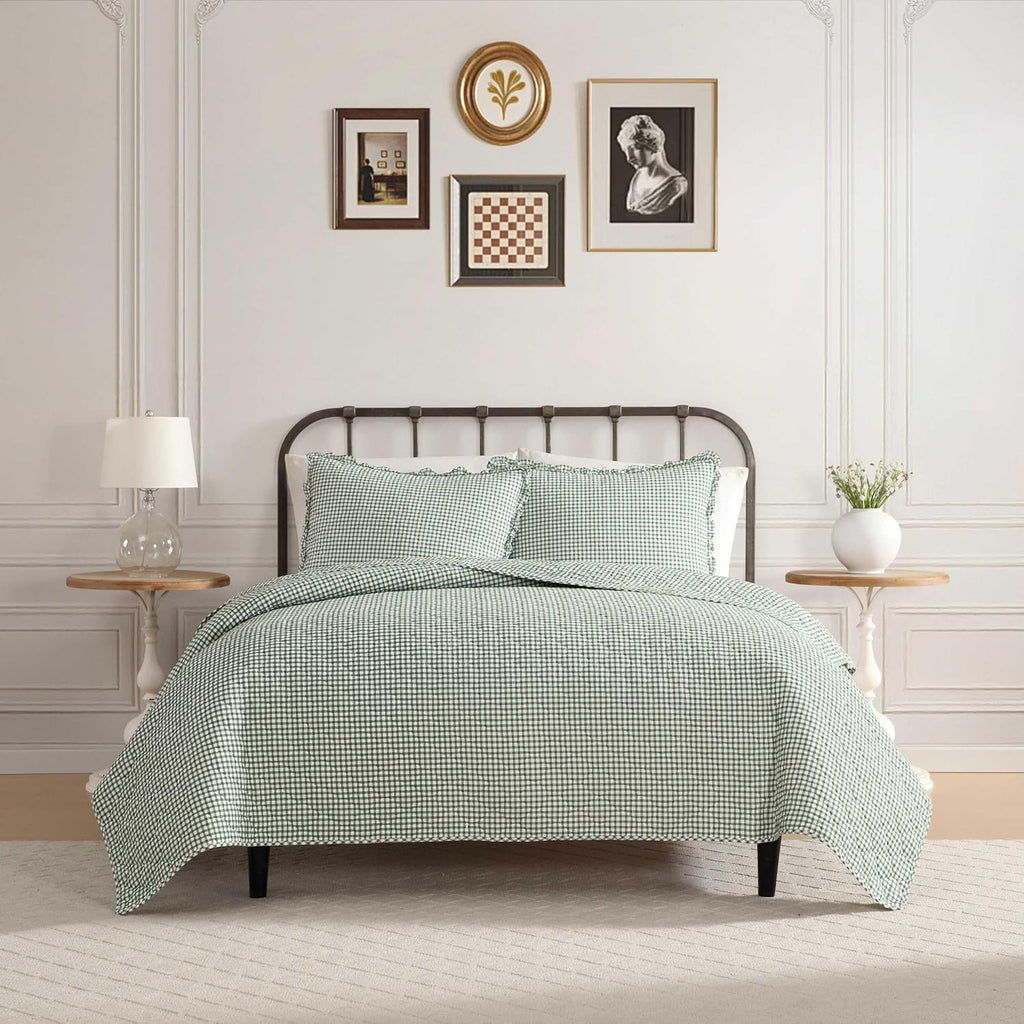 Laura Ashley - Full/Queen Quilt Set, Pre-Washed Cotton Bedding with Matching Sham, Lightweight for Year Round Use, Oeko-Tex Certified (Gracies Gingham Green)