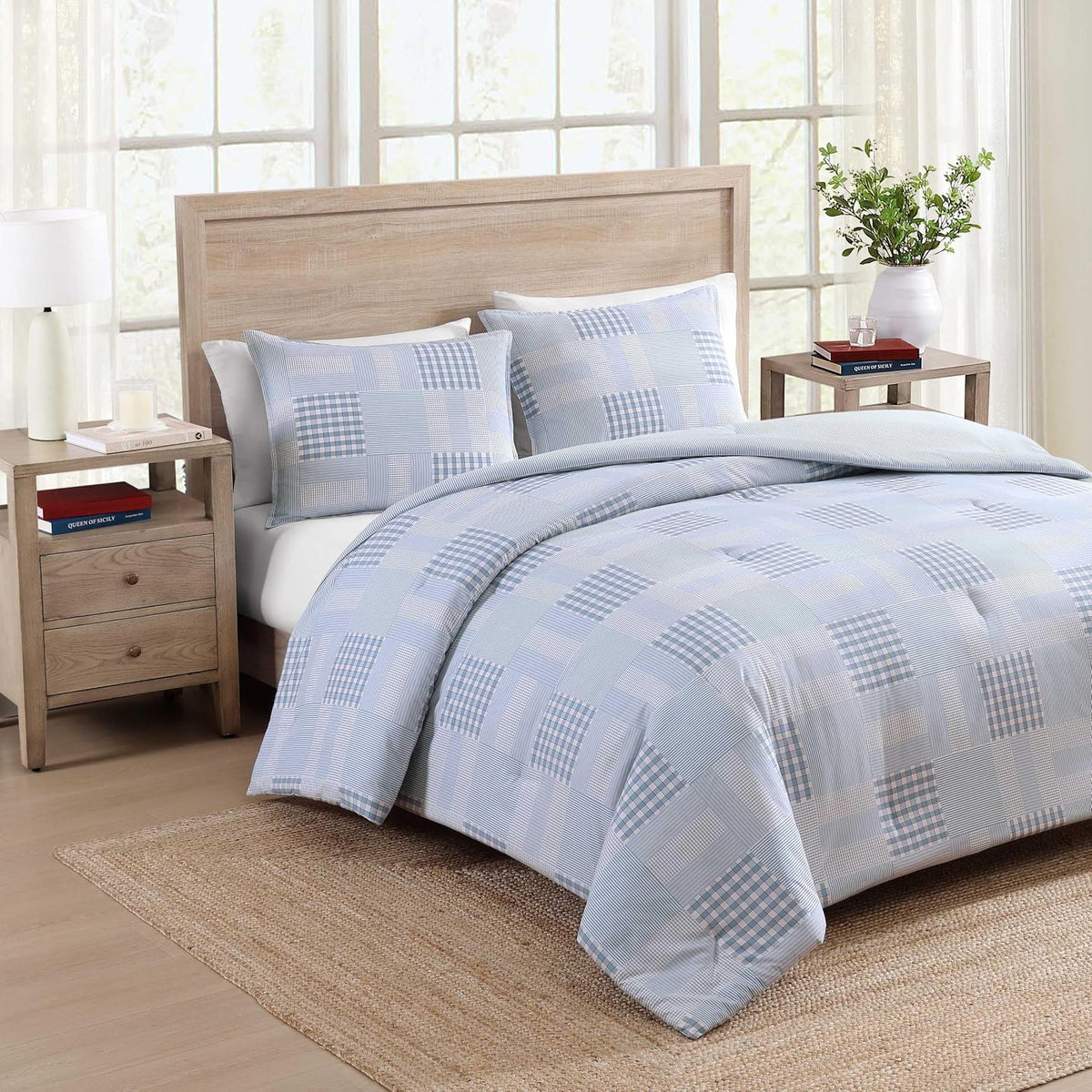 Tommy Hilfiger - Full/Queen Comforter Set, Cotton Textured Bedding with Matching Shams, Medium Weight Bed Set, Oeko-TEX Certified (Hamptons Patchwork Blue)
