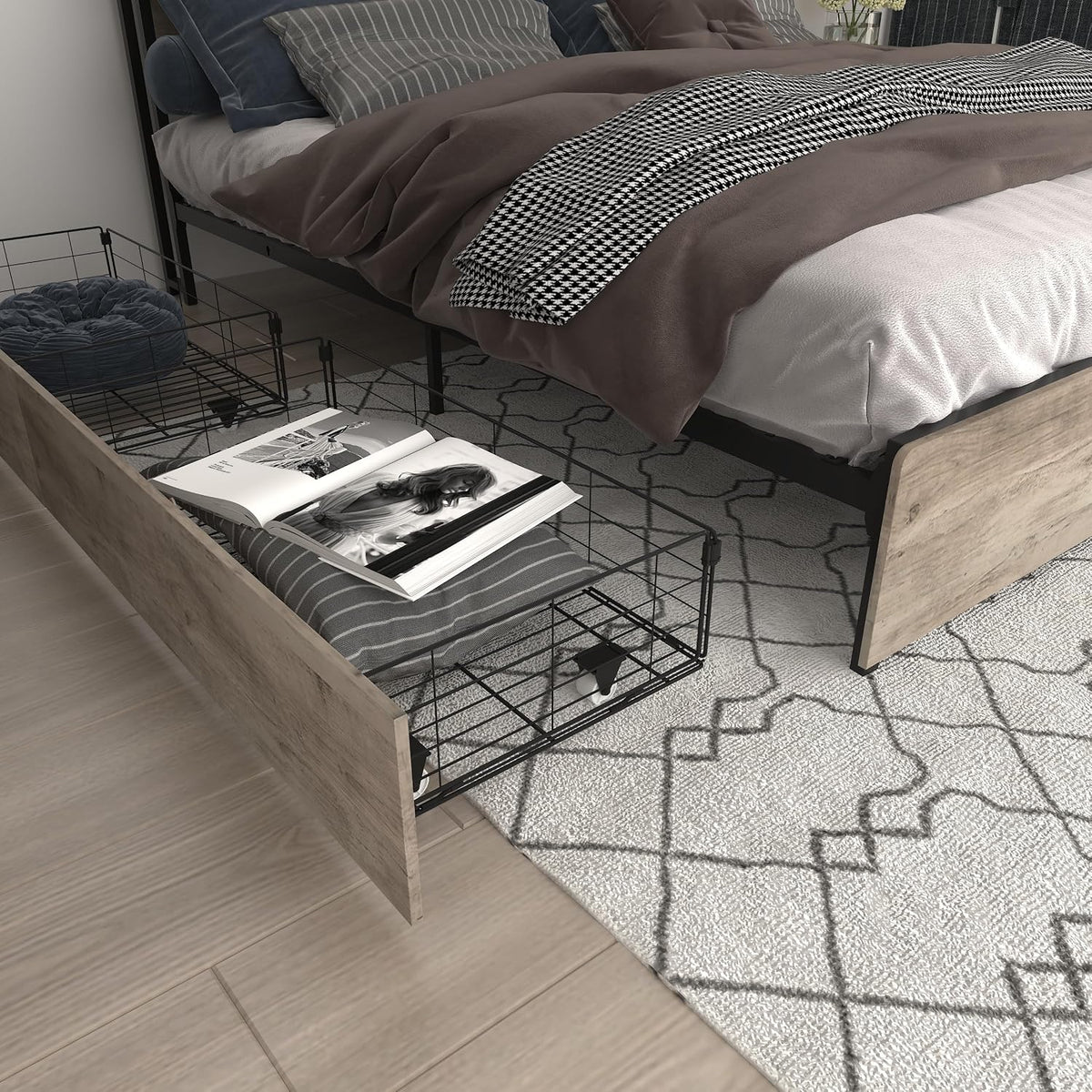 King Bed Frame with 4 Storage Drawers,Storage Headboard with Charging Station, Solid and Stable, Noise Free, No Box Spring Needed, Easy Assembly,Gray(King)