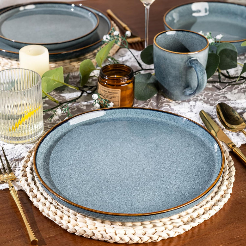 GBHOME 24 Pieces Double Bowls Ceramic Dinnerware Sets for 6, Stoneware Plates and Bowls Set with Reactive Glaze, Scratch Resistant Stoneware Dishes Set, Dishwasher & Microwave Safe