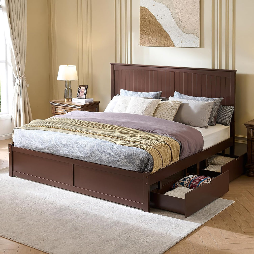 LUXOAK Full Size Solid Wood Bed Frame with Storage, Mid-Century Modern Platform Bed with 50' Headboard & 2 Drawers, No Box Spring Needed/Quiet Support/Easy Assembly/Espresso Brown Finish