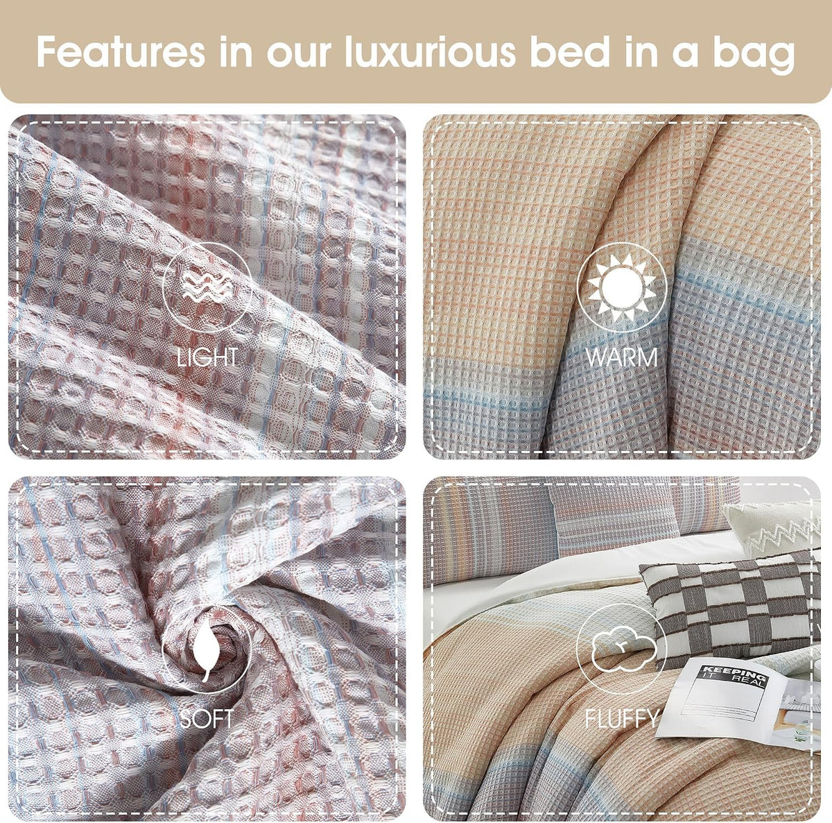 Grand Avenue Pink Waffle Jacquard Comforter Set King Size, 7 Piece Striped Bedding Set, All Season Home Decor, Matching Pillow Shams, Bedskirt, Decorative Pillows