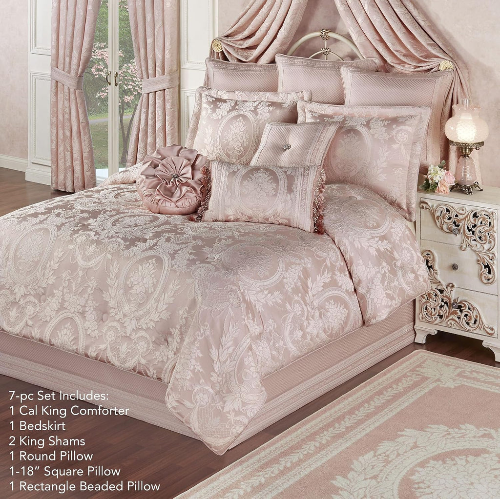 Marquessa Luxury Bedding | Soft Pearl and Pastel Blush Pink Hues | Puff Jacquard-Woven Traditional Floral Bouquets | 7 Pc Bed Set: Cal King Comforter, Bedskirt, 2 King Shams, and 3 Decorative Pillows