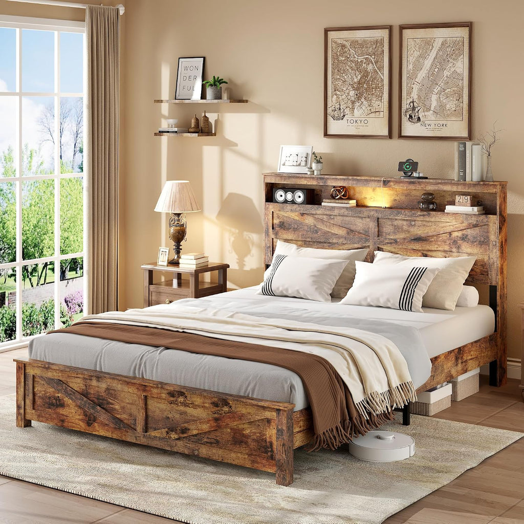 Farmhouse Queen Size Bed Frame with Storage Headboard, Wooden Platform Bed Frame with LED Lights & Charging Station, Rustic Brown Metal Bed, No Box Spring Needed, Noise-Free Sturdy Structure
