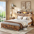 Farmhouse Queen Size Bed Frame with Storage Headboard, Wooden Platform Bed Frame with LED Lights & Charging Station, Rustic Brown Metal Bed, No Box Spring Needed, Noise-Free Sturdy Structure
