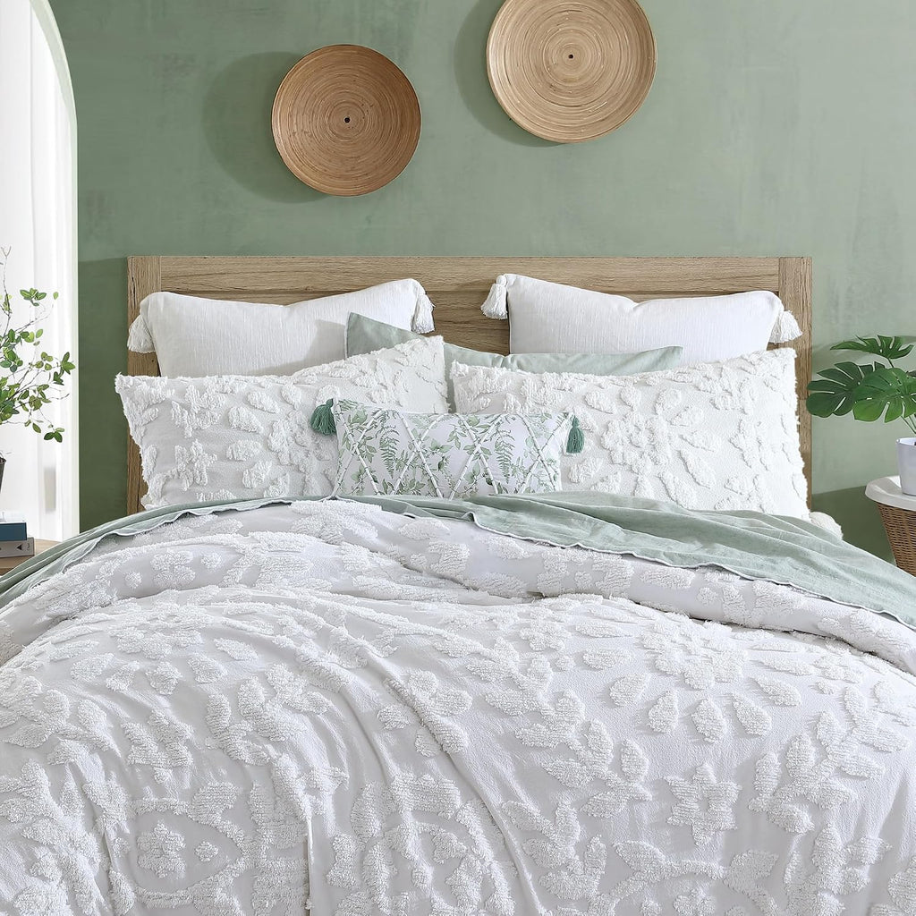 Peri Home 100% Cotton 3-Piece Duvet Cover and Sham Set, Full/Queen, White Chenille Laurel
