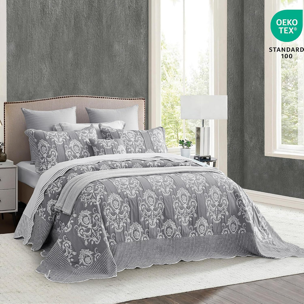 HZ & HY Oversized Queen Bedspread, Jacquard Matelasse Damask Pattern Design, Lightweight, Reversible, 5 Piece, 100% Microfiber, Queen, Grey
