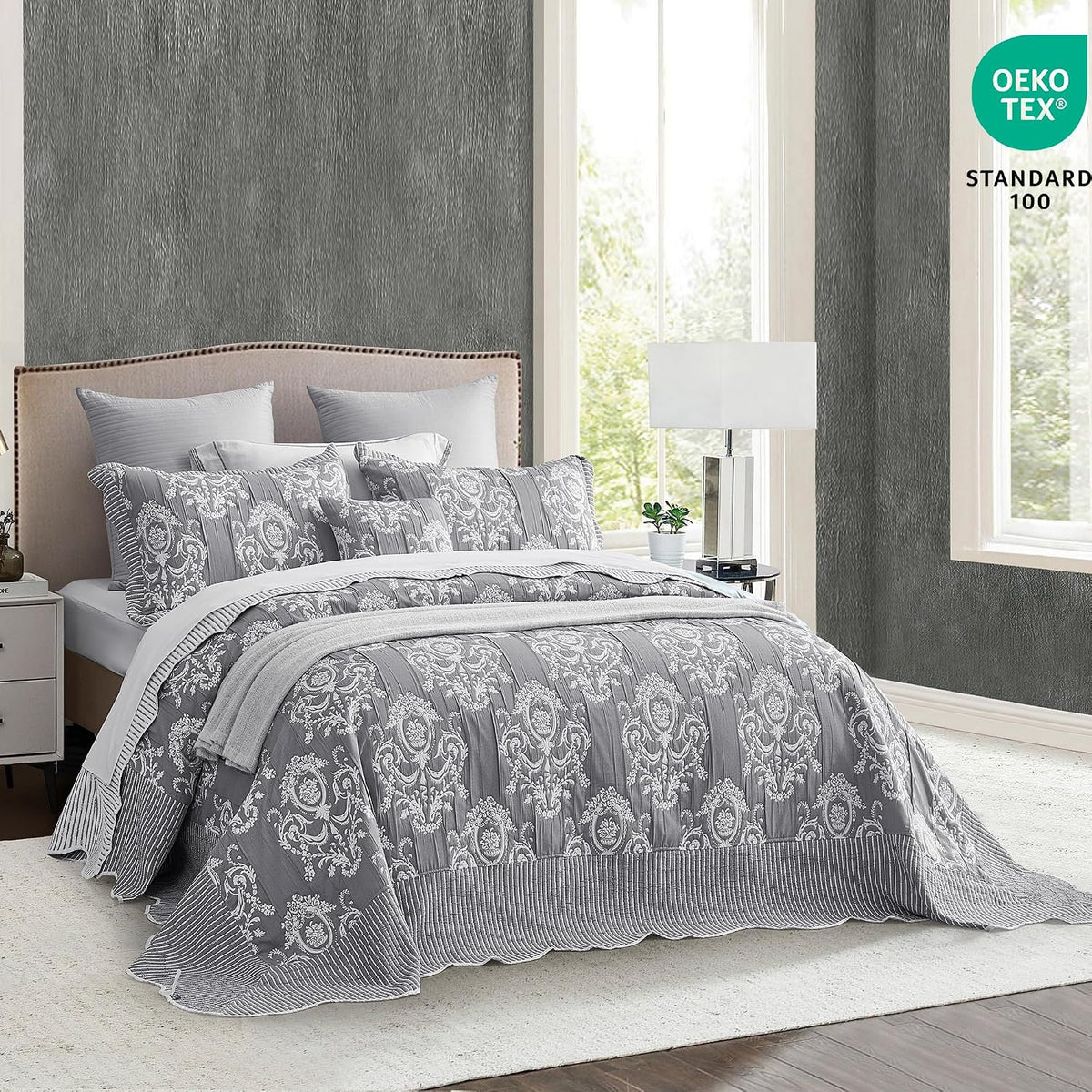 HZ & HY Oversized Queen Bedspread, Jacquard Matelasse Damask Pattern Design, Lightweight, Reversible, 5 Piece, 100% Microfiber, Queen, Grey