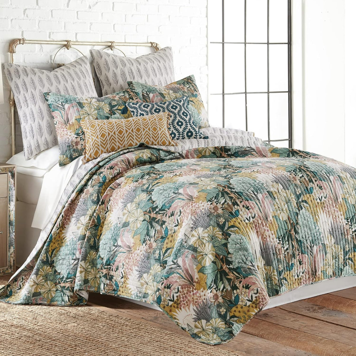 Levtex Home - Ashika Quilt Set - Full/Queen Quilt and Two Standard Shams - Tropical - Green, Blush, Ochre, Grey and Cream - Quilt (88x92in.) and Shams (20x26in.) - Reversible - Cotton