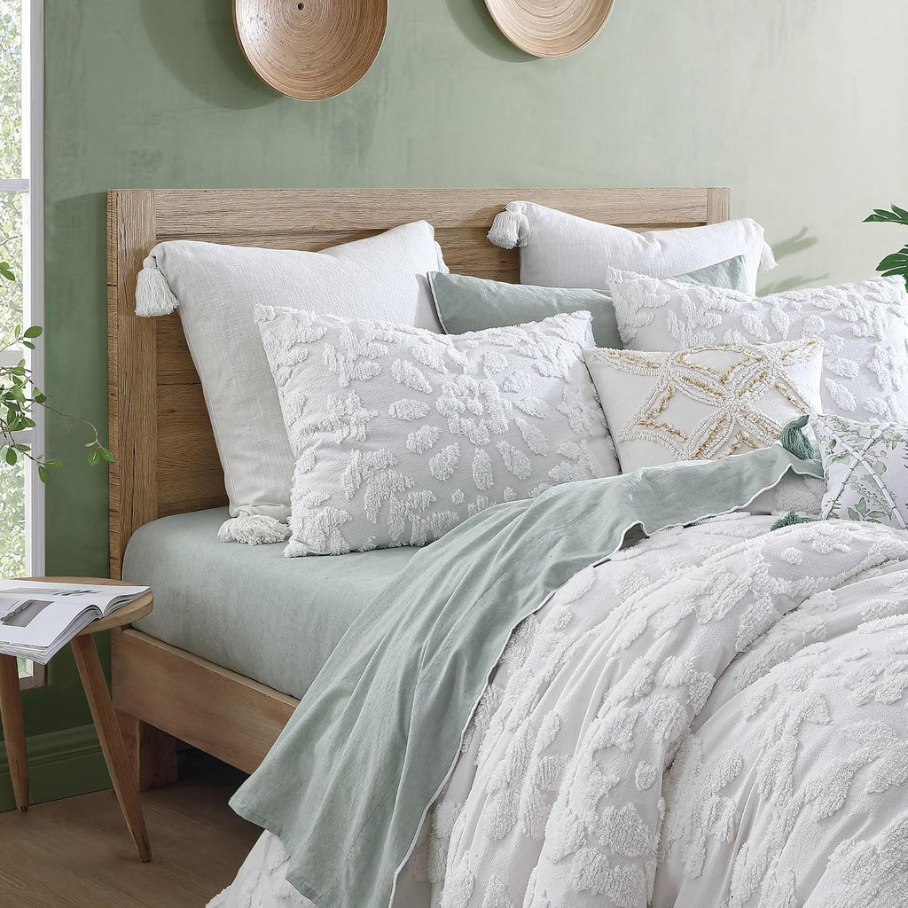 Peri Home 100% Cotton 3-Piece Duvet Cover and Sham Set, Full/Queen, White Chenille Laurel