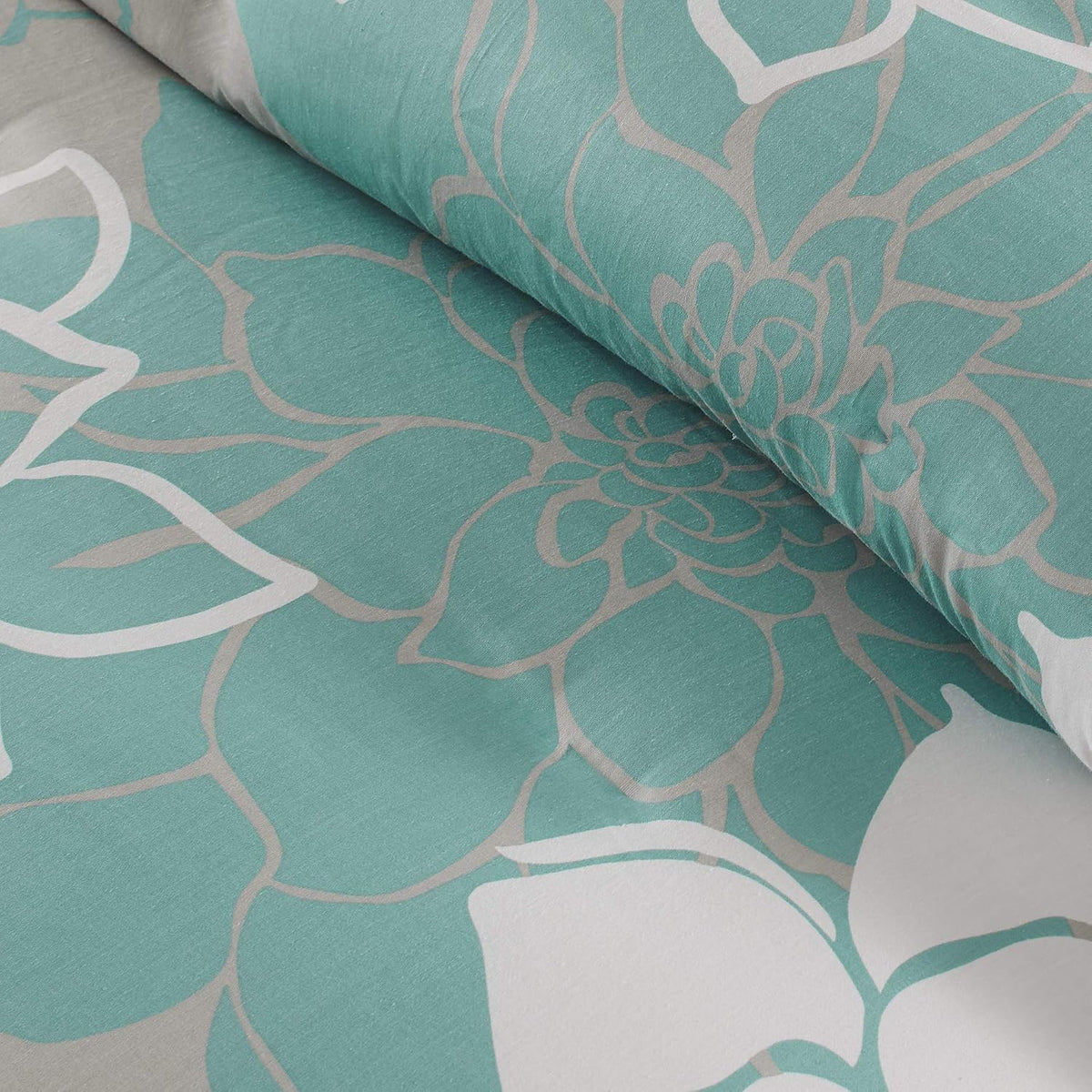 Madison Park Lola 100% Cotton Duvet Set Beautiful Floral Pattern, Ruffle Border Design All Season, Breathable Comforter Cover Bedding, Matching Shams, King(104'x92'), Aqua/Grey 6 Piece