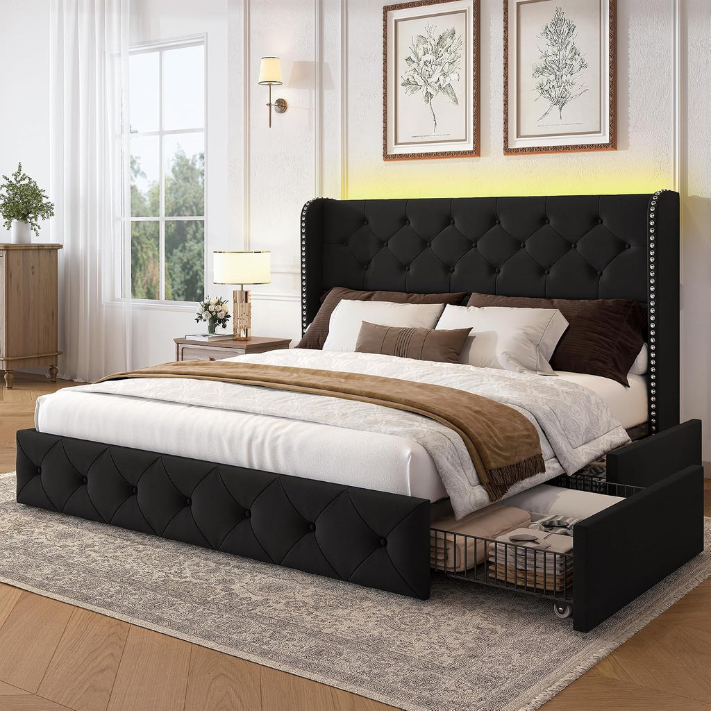 LARMACE Queen Size Bed Frame with LED Lights and 4 Storage Drawers Velvet Upholstered Platform Bed Frame with 47.2' Tall Tufted Headboard Wingback, No Box Spring Needed, Easy to Assemble, Black