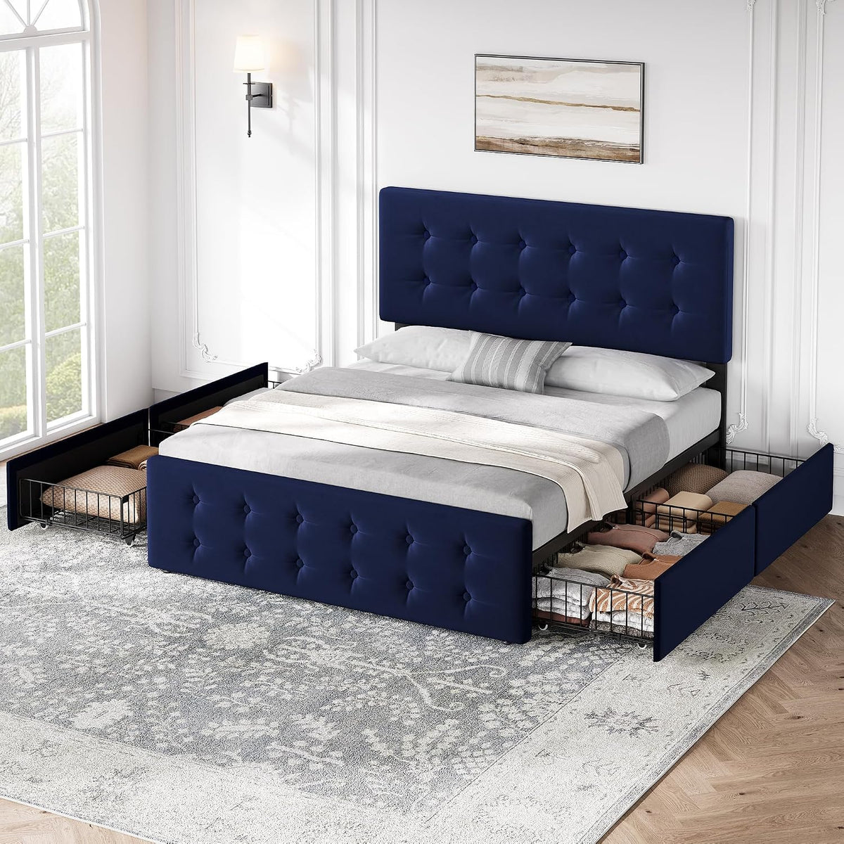 GarveeHome Queen Size Bed Frame with 4 Storage Drawers and Velvet Upholstered Headboard, Wooden Slats Support, Button Tufted Design, No Box Spring Needed, Blue