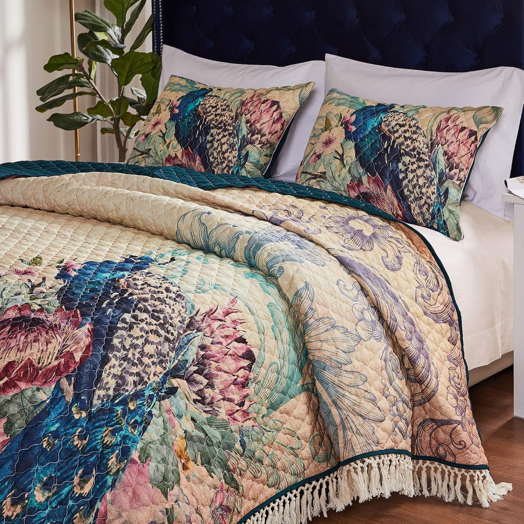 Greenland Home Fashions Ultra-Soft, Reversible, Brushed Microfiber Quilt Set, 3-Piece King/Cal King, Eden Peacock