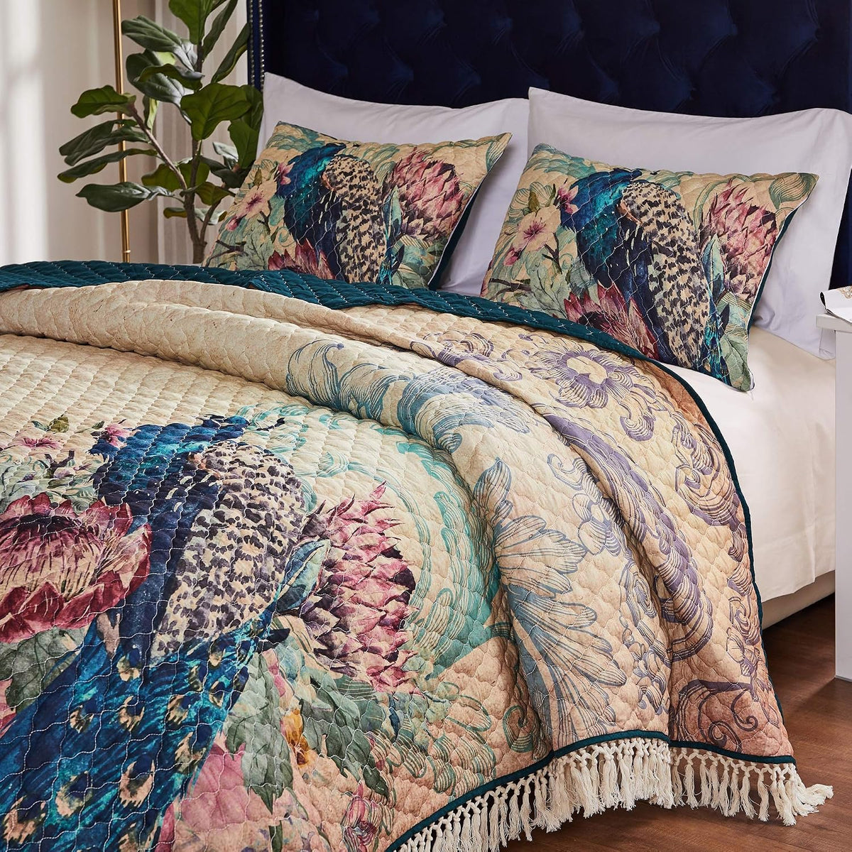 Greenland Home Fashions Ultra-Soft, Reversible, Brushed Microfiber Quilt Set, 3-Piece King/Cal King, Eden Peacock