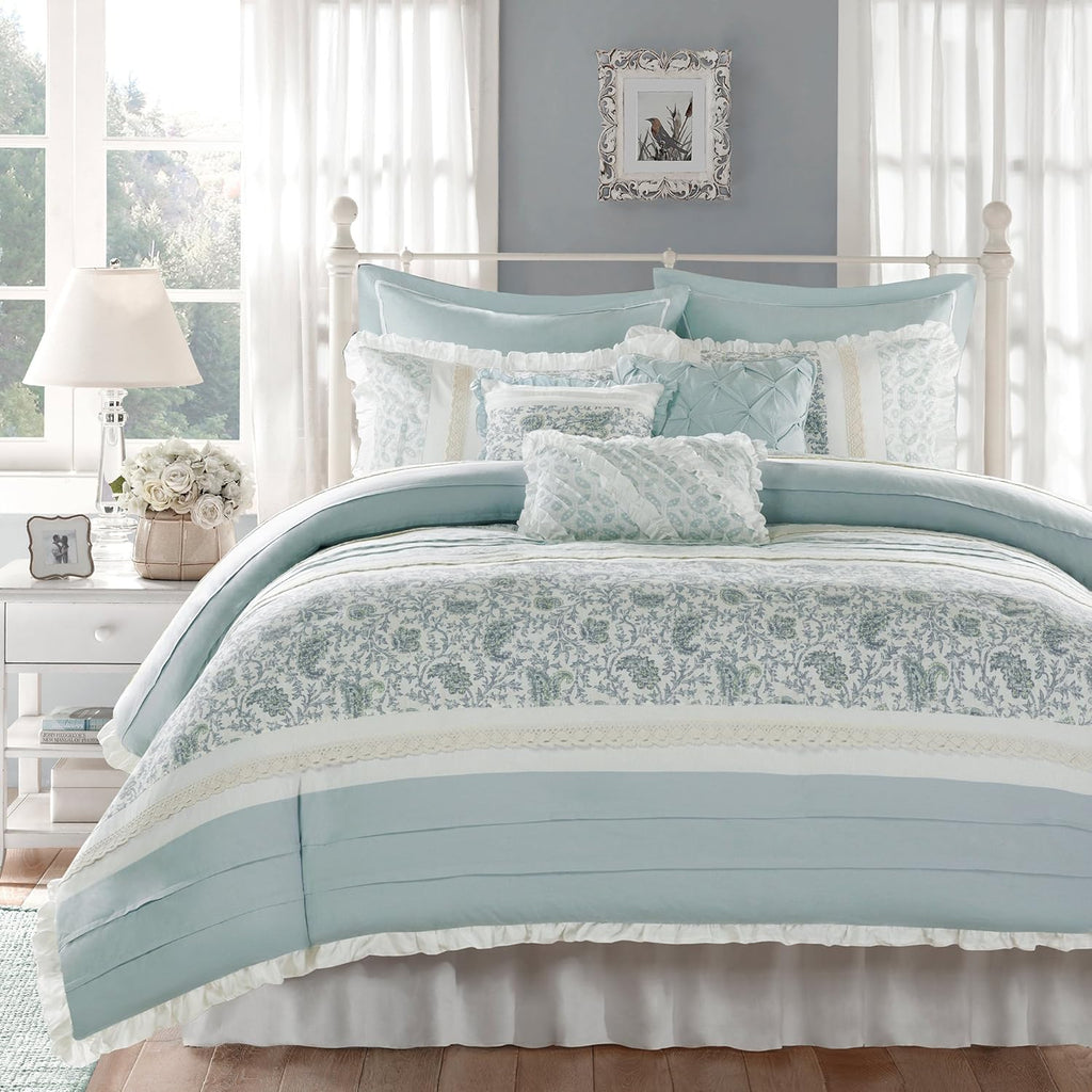 Madison Park Dawn 100% Cotton Duvet Set Floral Shabby Chic Design All Season Comforter Cover Bedding, Matching Shams, Percale Light Weight Bed Comforter Covers, Queen(90'x90'), Blue 9 Piece , Aqua