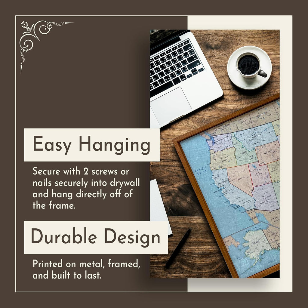 Wall Things Co. Large USA Push Pin Travel Map and Picture Frame, Mark Places Traveled, United States Magnetic Metal Poster, Political Antique Color, 36x24 Inches