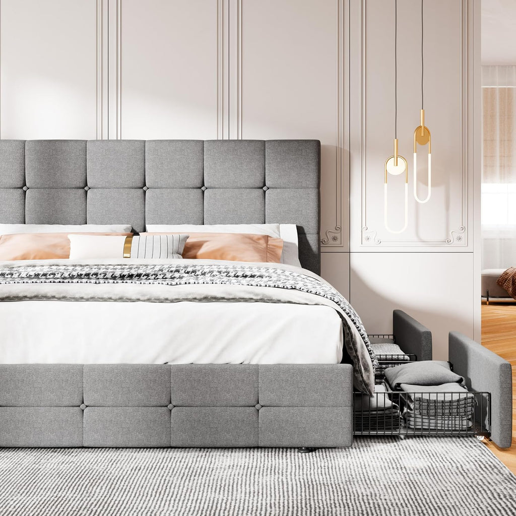 MUTICOR King Size Bed Frame with 4 Storage Drawers, Upholstered Platform Bed with Button Tufted Adjustable Headboard, No Box Spring Needed, Easy Assembly, Square Tufted, Light Grey Fabric