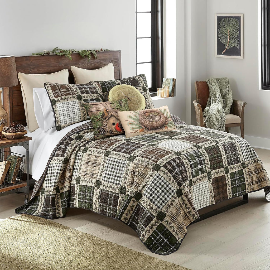 Donna Sharp Twin Bedding Set - 2 Piece - Pine Patch Cotton Quilt and One Standard Size Pillow Sham - Machine Washable - Perfect for Rustic Decor!