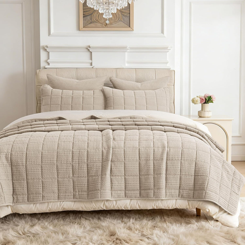 98x106 Cotton Quilt Bedding Set King Size Quilted Bedspread Sets with 2 Shams,3 Pieces Lightweight Soft Bedding Sets for All Season,Khaki