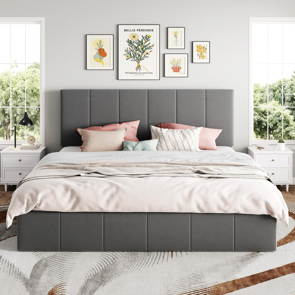 SHA CERLIN King Size Lift Up Storage Bed Frame, Adjustable Headboard, Hydraulic Support, Velvet Upholstered, Easy Installation, No Box Spring Needed, Gray
