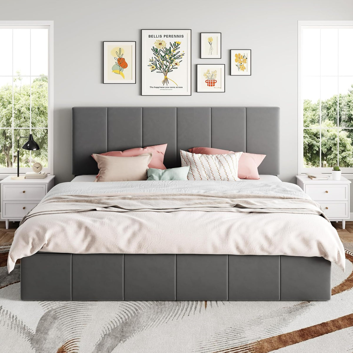 SHA CERLIN King Size Lift Up Storage Bed Frame, Adjustable Headboard, Hydraulic Support, Velvet Upholstered, Easy Installation, No Box Spring Needed, Gray