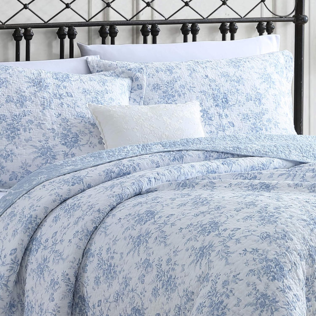 Laura Ashley - King Quilt Set, Soft & Reversible Cotton Floral Bedding with a Medium Weight Feel, 3 Piece Bed Set with Matching Pillowcases (Walled Garden Blue)