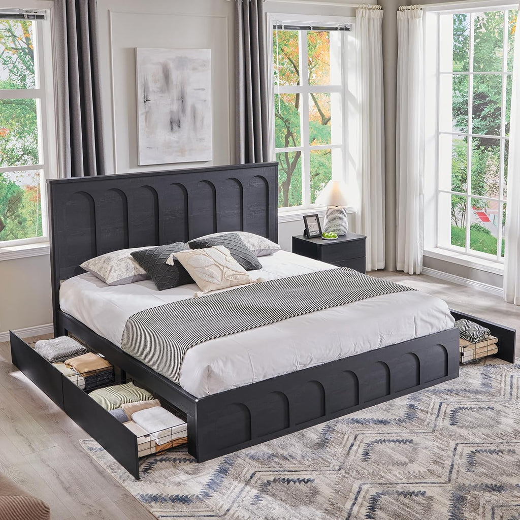 ACCOHOHO Modern King Size Bed Frame with 4 Drawers, 51' Tall Arched Recessed Headboard, Solid Wood Slats Support, Noise Free, No Box Spring Needed, Wood Platform, （Black）